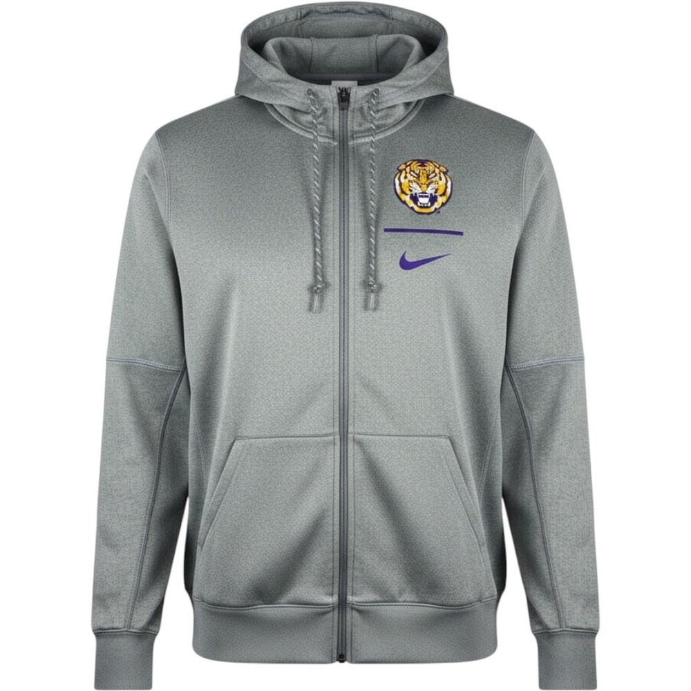 Nike Gray Full-Zip Hoodie with Purple Swoosh and Yellow Tiger Patch